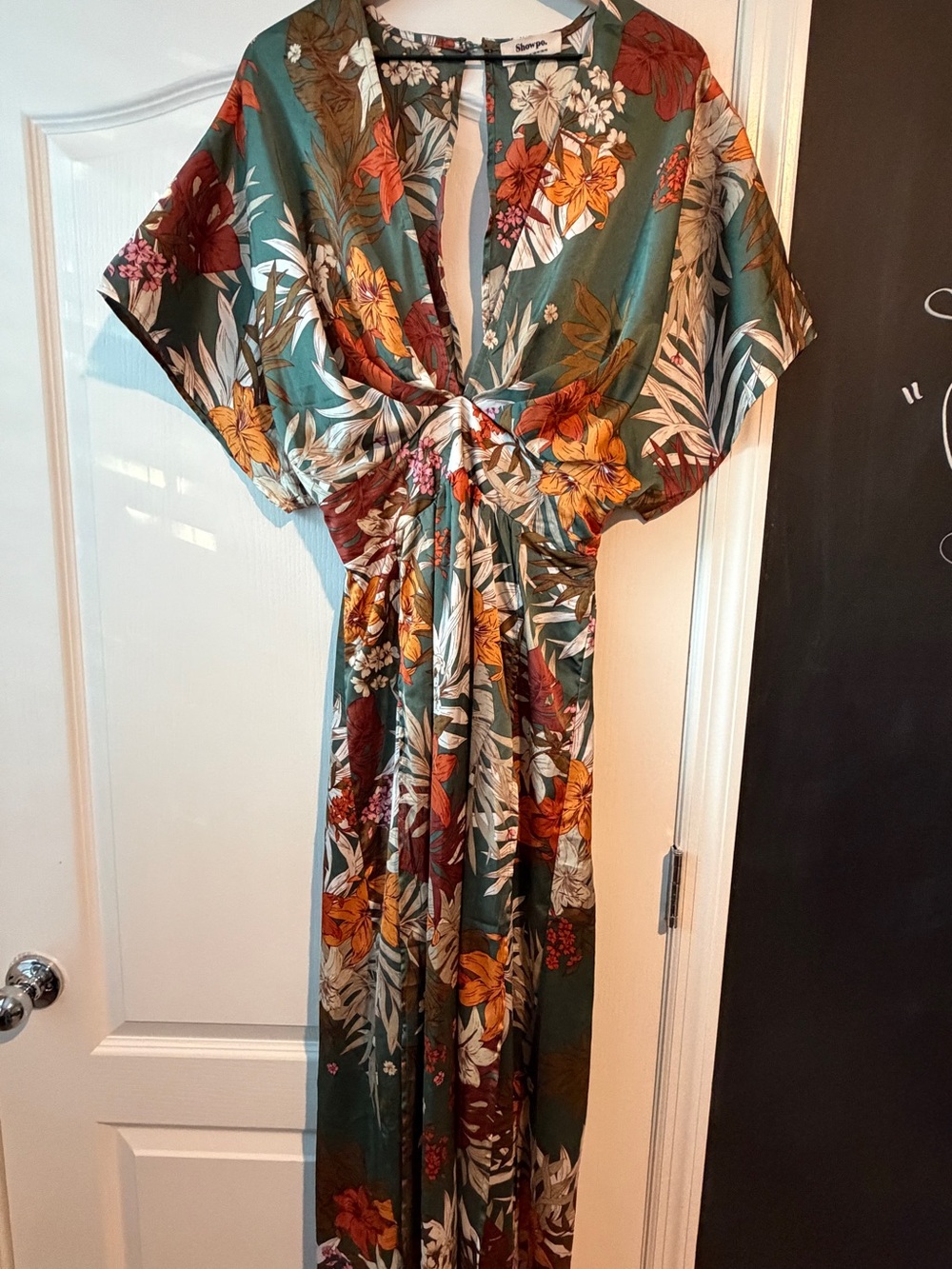 Showpo Teal Floral Knot-Front Maxi Dress with Rust & Mustard Accents